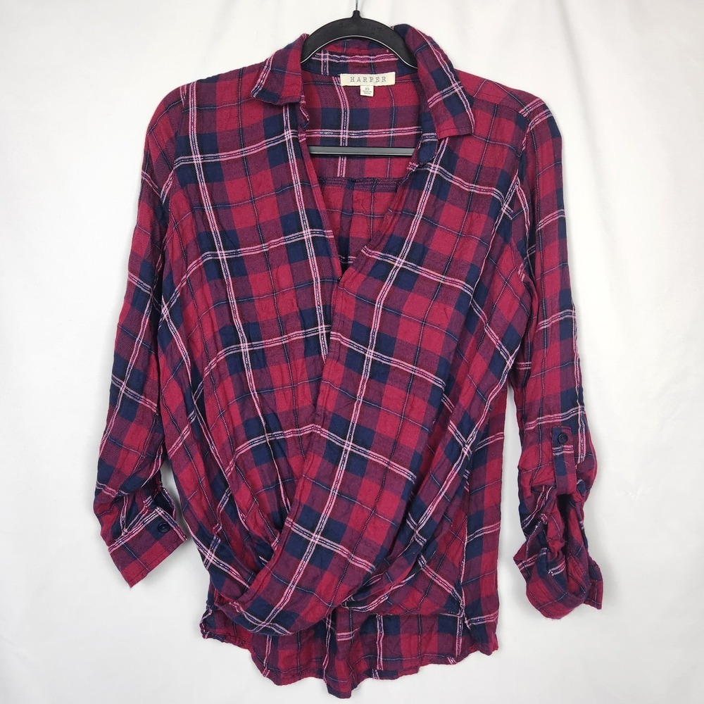 Harper Women's Red Collared Plaid Long Sleeve Wrap Twist Top‎ Size XS